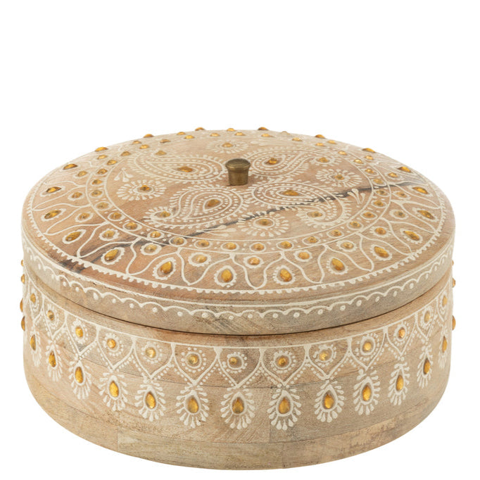 Doos + Deksel Rond Mango Hout Naturel/Wit Large - Decoratie - J-Line - livinglovely.nl