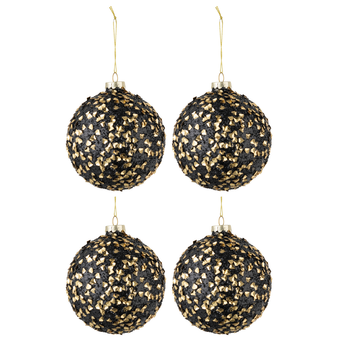 Doos Van 4 Kerstballen Glitter Paillettenglas Zwart Goud Medium - Kerstbal - J-Line - livinglovely.nl