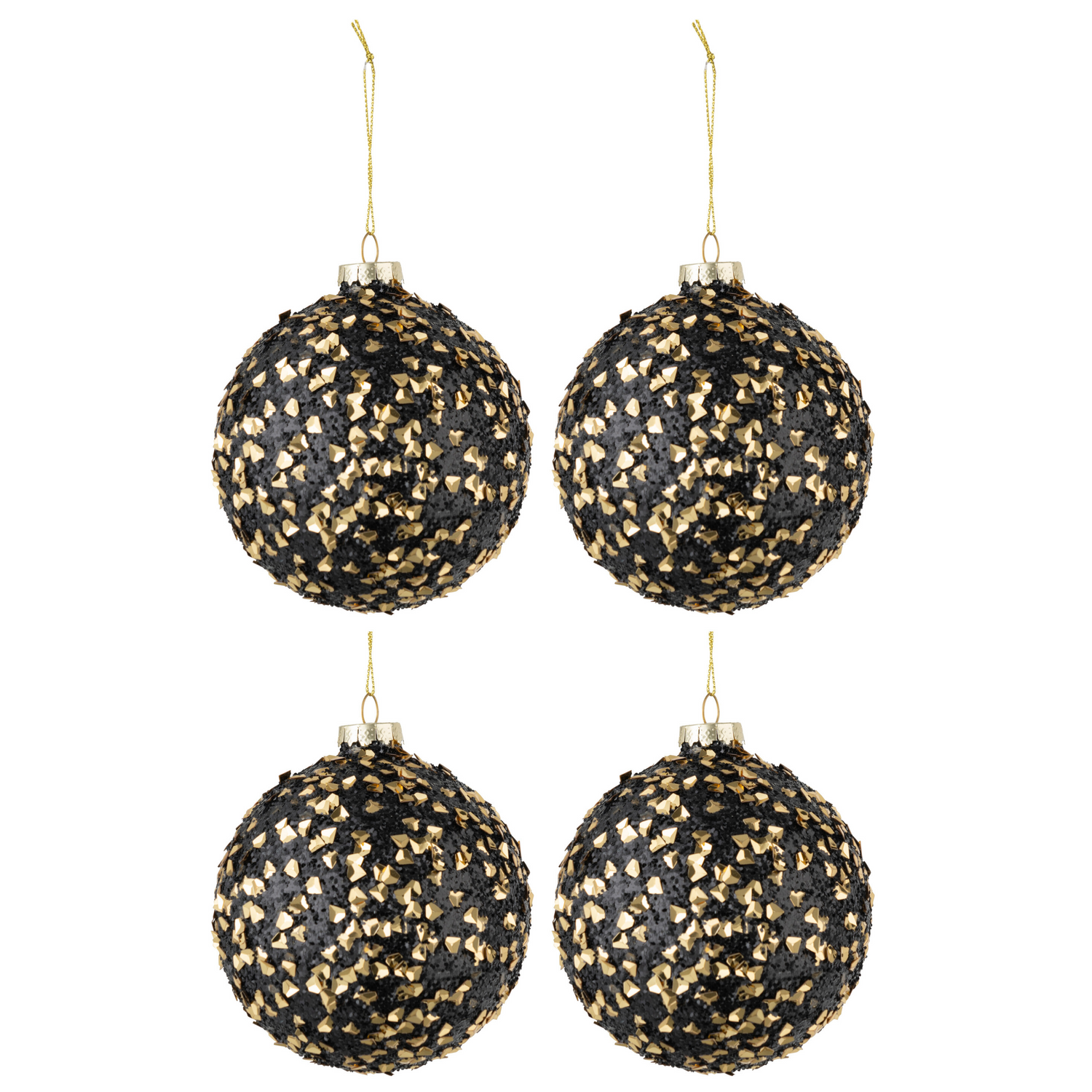 Doos Van 4 Kerstballen Glitter Paillettenglas Zwart Goud Medium - Kerstbal - J-Line - livinglovely.nl