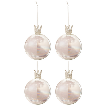 Doos Van 4 Kerstballen Kroon Pluim Licht Roze Glas Medium - Kerstbal - J-Line - livinglovely.nl