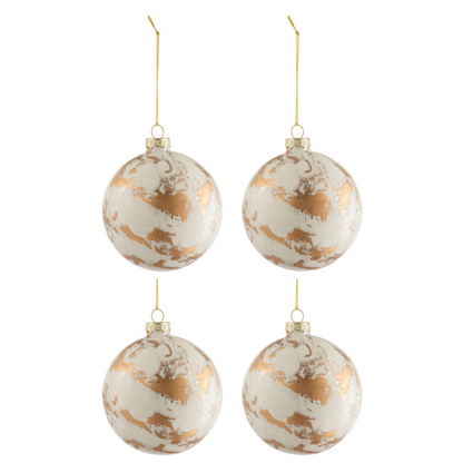 Doos Van 4 Kerstballen Marmerlook Glas Wit/Goud Medium - Kerstbal - J-Line - livinglovely.nl