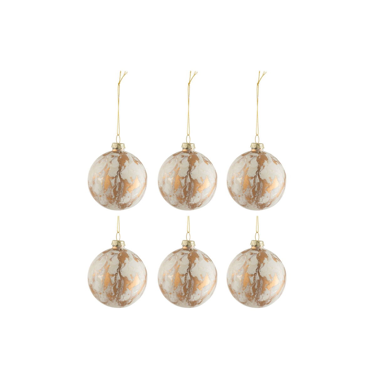 Doos van 6 Kerstballen Marmerlook Glas Wit/Goud Small 8,5xh10cm J-Line