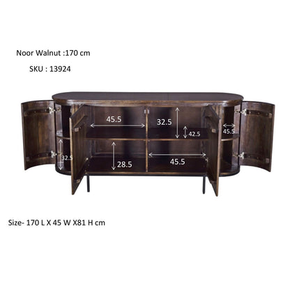 Noor dressoir in Walnut met geopende deuren en de binnenmaten van de vakken