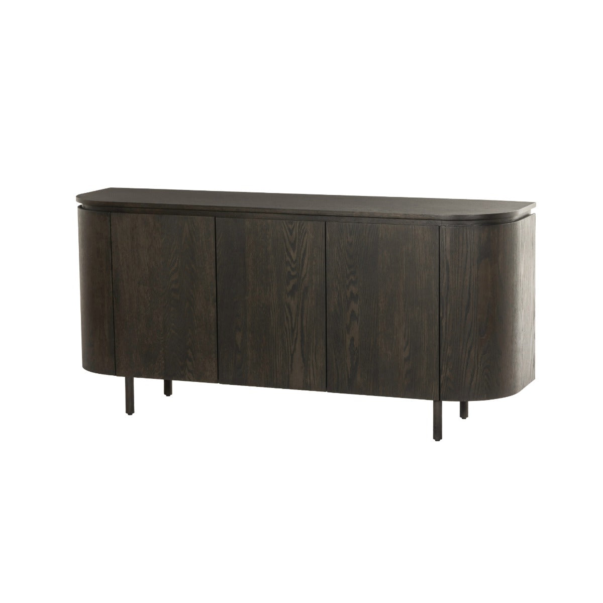 Vooraanzicht van het 170 cm brede Tobago dressoir in espresso met lattenpatroon