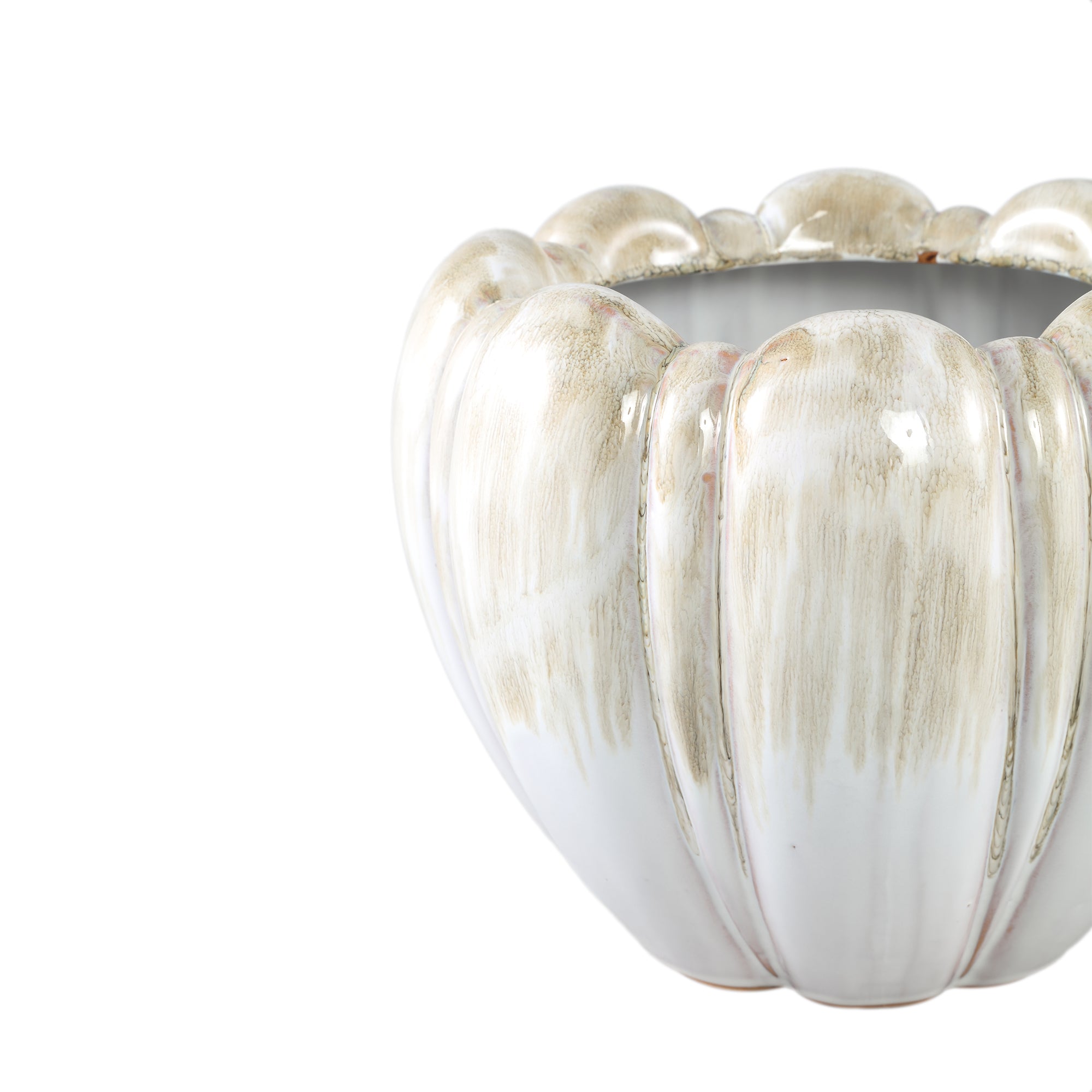 Dugan Cream Ceramic Pot Thick Ribbed Round L 27x27x21cm PTMD - Pot - PTMD - livinglovely.nl