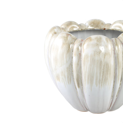 Dugan Cream Ceramic Pot Thick Ribbed Round L 27x27x21cm PTMD - Pot - PTMD - livinglovely.nl