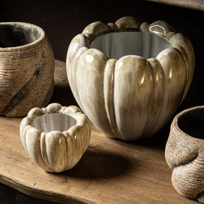 Dugan Cream Ceramic Pot Thick Ribbed Round L 27x27x21cm PTMD - Pot - PTMD - livinglovely.nl