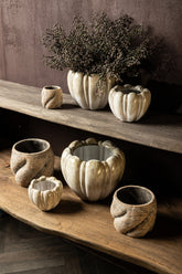 Dugan Cream Ceramic Pot Thick Ribbed Round L 27x27x21cm PTMD - Pot - PTMD - livinglovely.nl