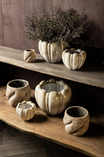 Dugan Cream Ceramic Pot Thick Ribbed Round L 27x27x21cm PTMD - Pot - PTMD - livinglovely.nl