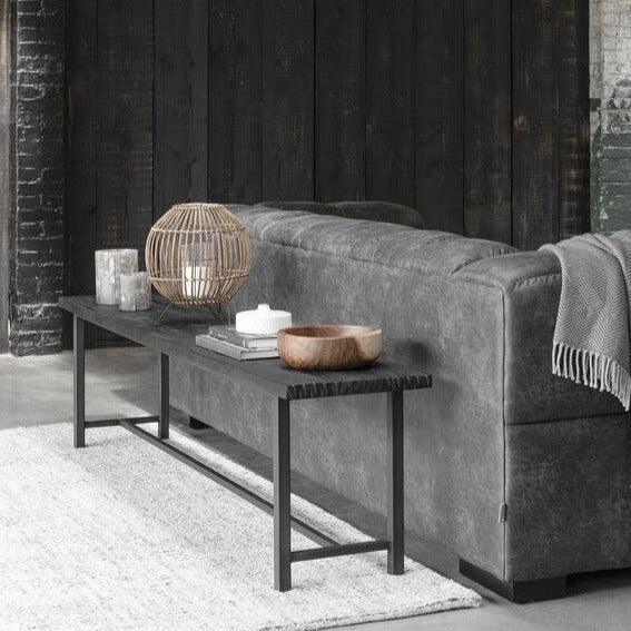 Detail zwarte houtnerf eetkamerbank Black Beam 240cm