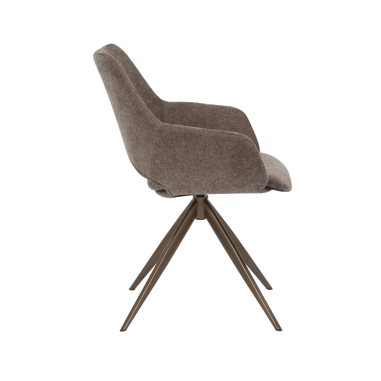 Zijaanzicht van eetkamerstoel Daisy van Starfurn in bruine stof met bronskleurig onderstel