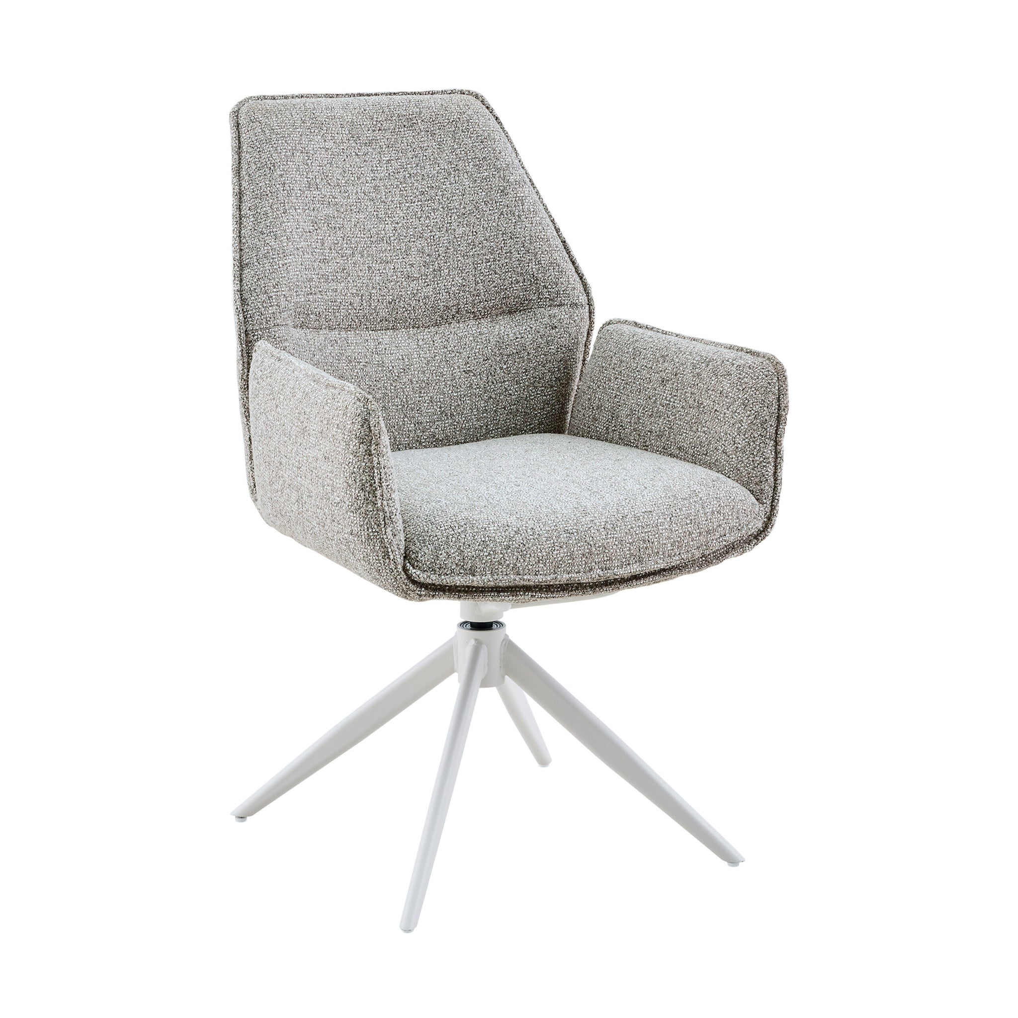 Beige armstoel Hera van Starfurn met wit metalen sterpoot, schuin van voren