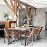 Houten eettafel 175cm naturel teak met zwart frame vooraanzicht