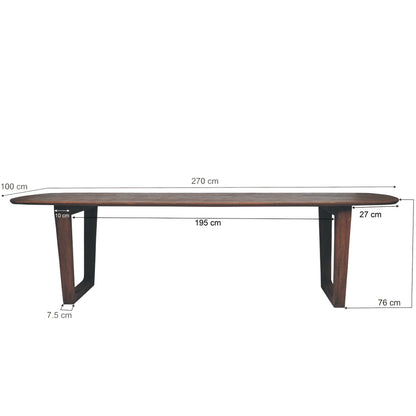 Maatschets van de Cortez eettafel met afmetingen 270 bij 100 bij 76 cm