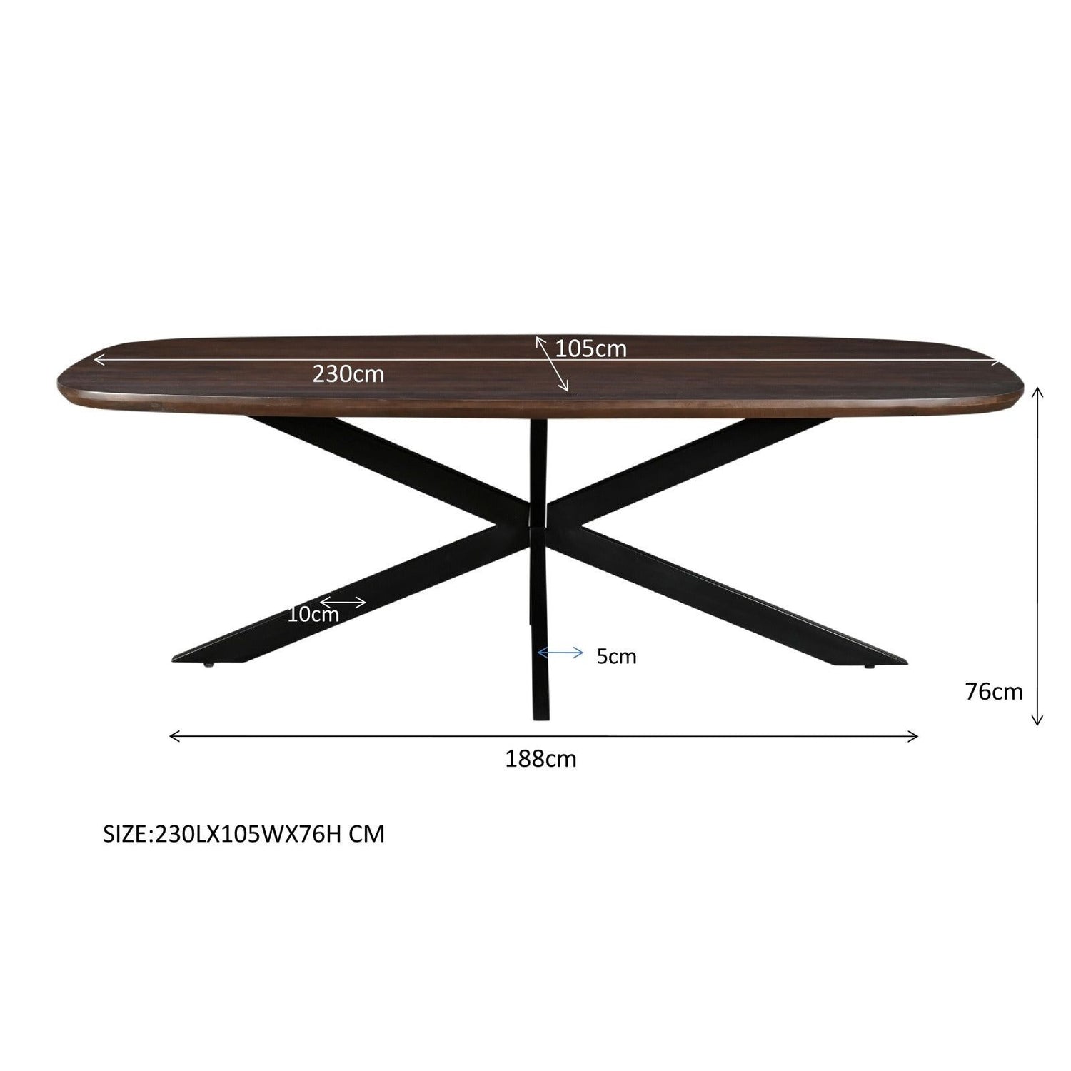 Afmetingen Eettafel Jesper 230cm: L230cm x B105cm x H76cm