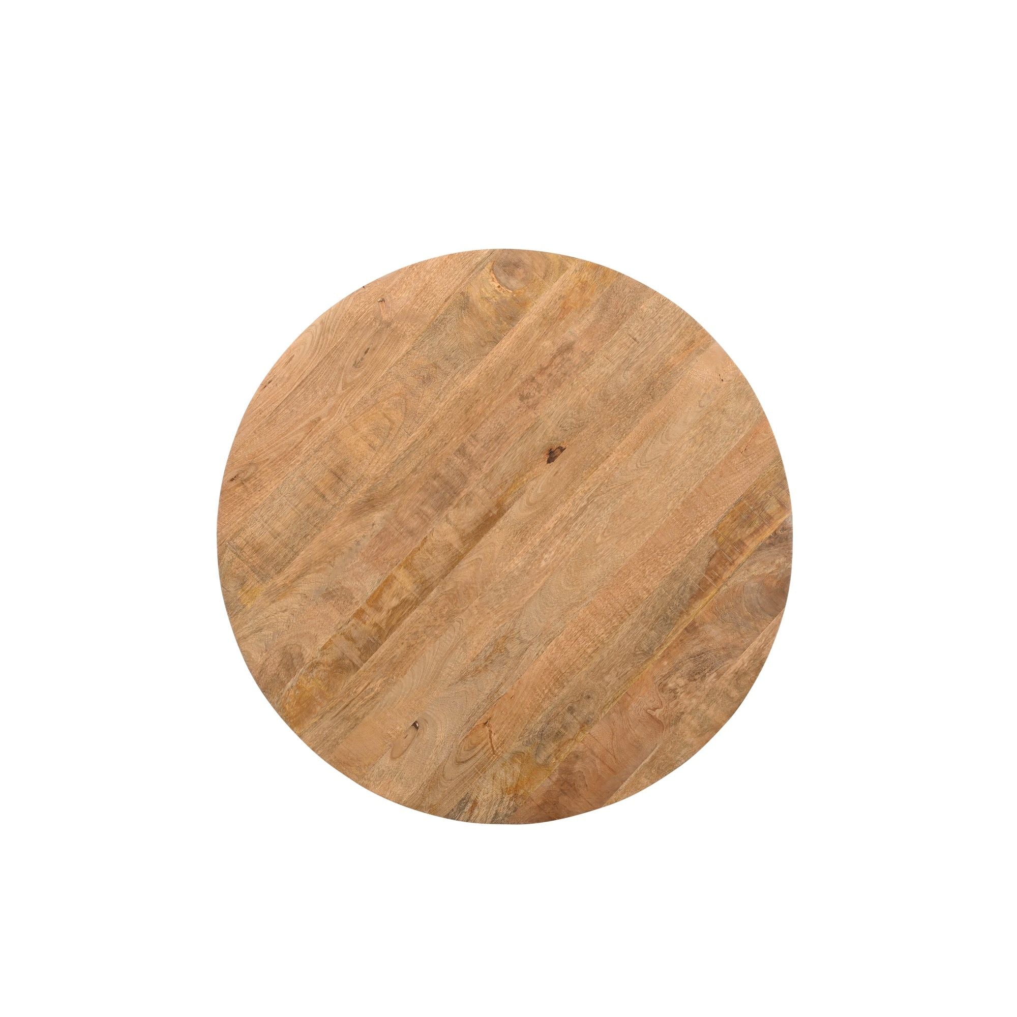Bovenaanzicht van het mangohouten blad van de eettafel Jesper Pecan Ø120cm
