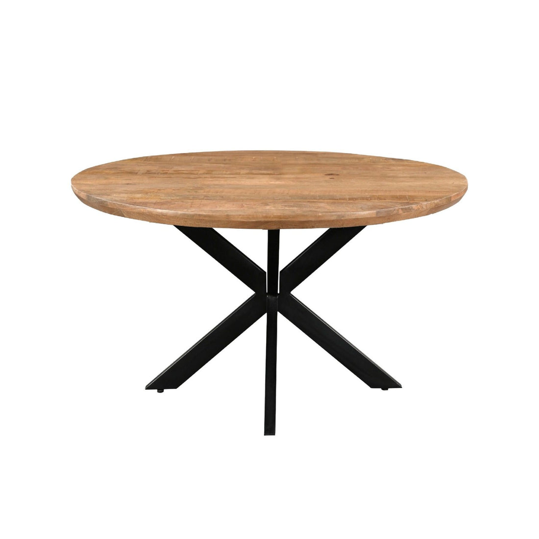Eettafel Jesper Pecan Ø150cm schuin vooraanzicht met zwart spinpootonderstel