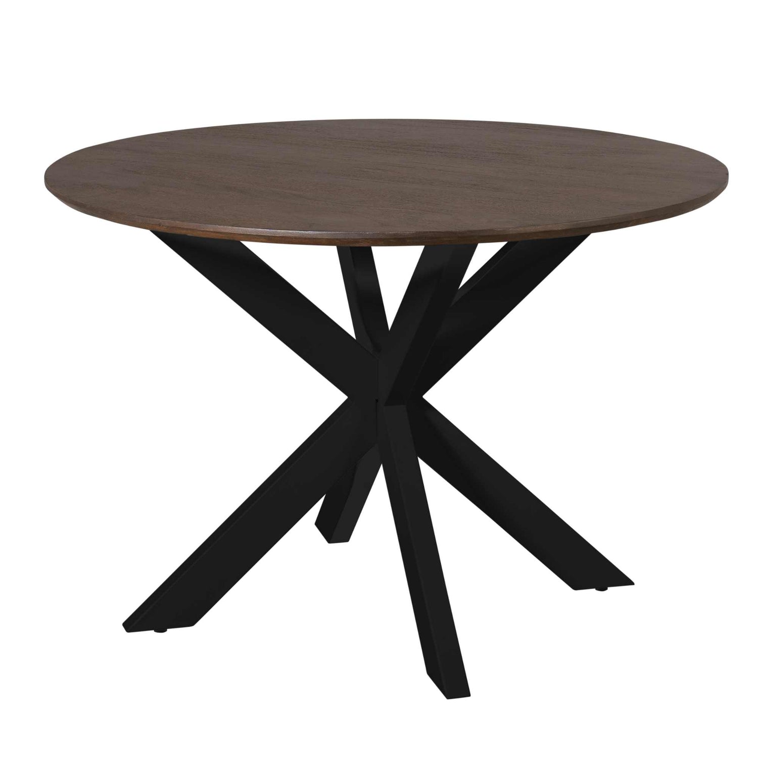 Ronde eettafel Madison 110cm van Starfurn in bruin mangohout met zwarte metalen middenpoot