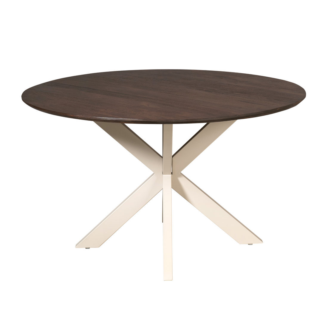 Eettafel Madison Rond 150cm van Starfurn in bruin mangohout met zandkleurige metalen middenpoot