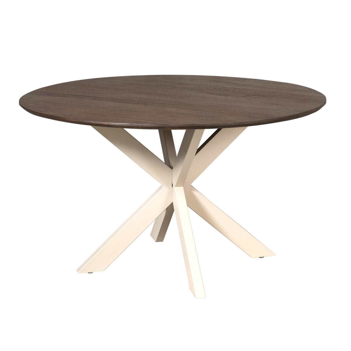 Eettafel Madison 150cm met zandkleurige poot schuin van voren, volledige bruine tafelblad in beeld