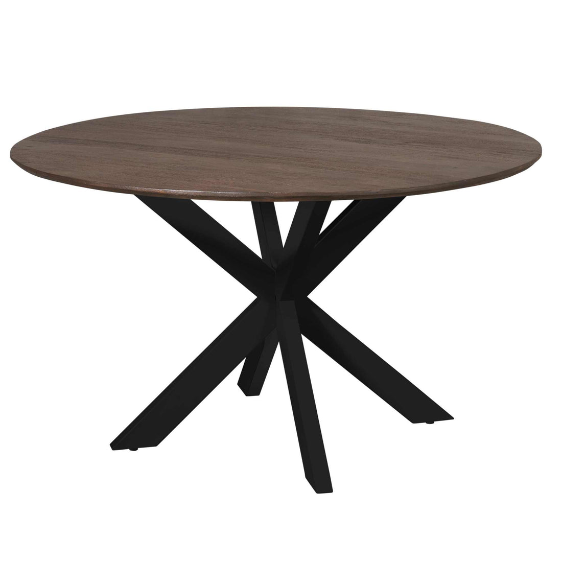 Ronde eettafel Madison 150cm van Starfurn in bruin mangohout met zwarte metalen middenpoot