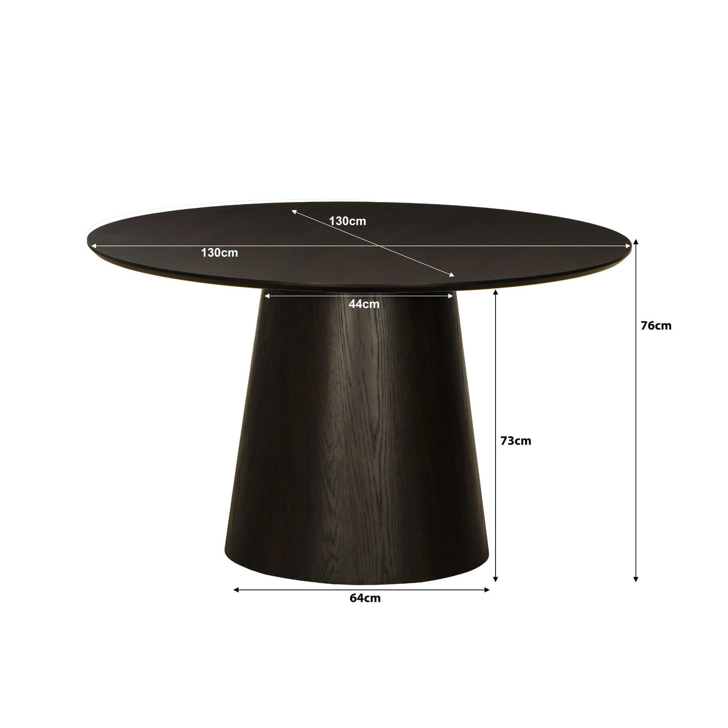 Afmetingen Eettafel Novero Ø130cm: Ø130cm x H76cm