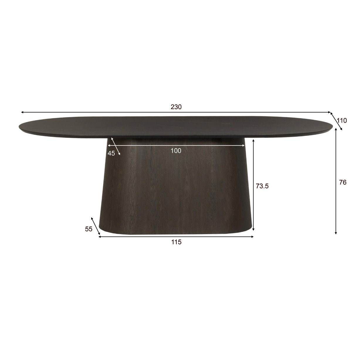 Afmetingen Eettafel Novero 230cm: L230cm x B110cm x H76cm