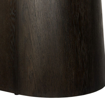 Close-up van de afgeronde voet van de eettafel Novero espresso