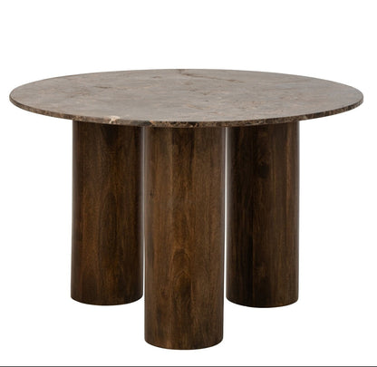 Ronde eettafel van J-Line met bruin marmeren blad en stevige mangohouten poten, Ø120 cm