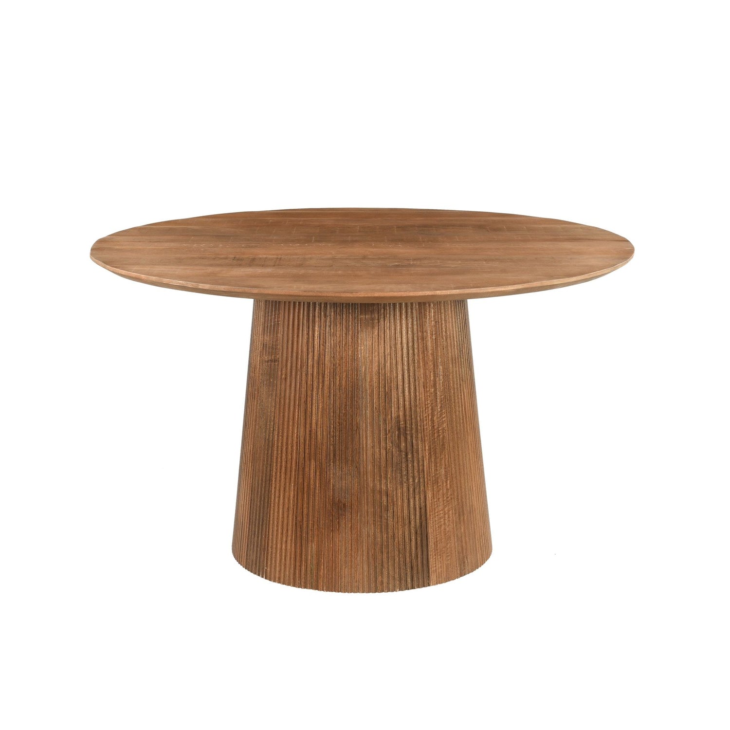 Salvator eettafel Pecan schuin van boven met rond mangohouten blad