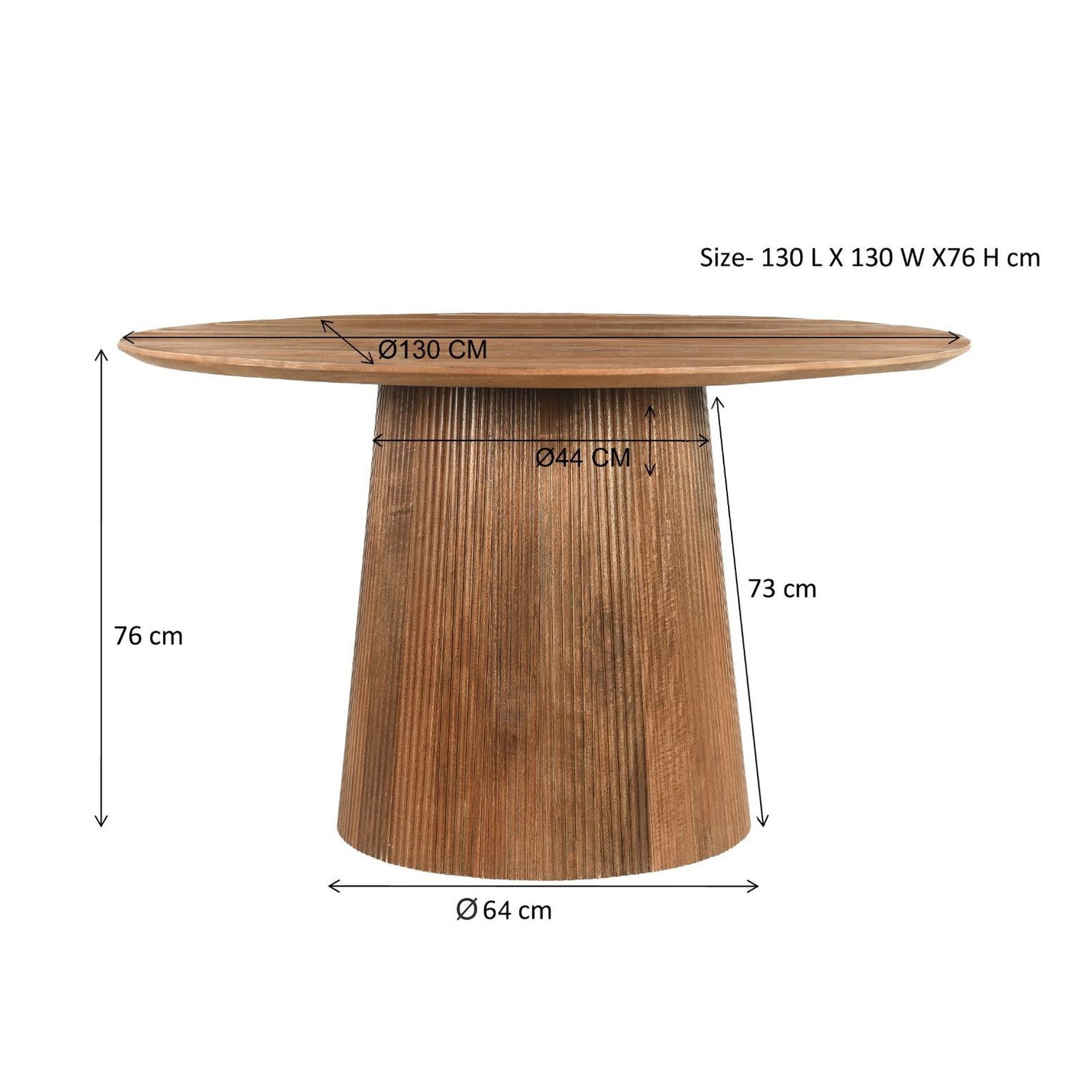 Maatschets van de ronde Salvator eettafel, 130 cm doorsnee en 76 cm hoog
