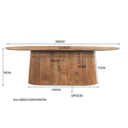 Maatschets van de ovale Salvator eettafel, 300 bij 110 bij 76 cm