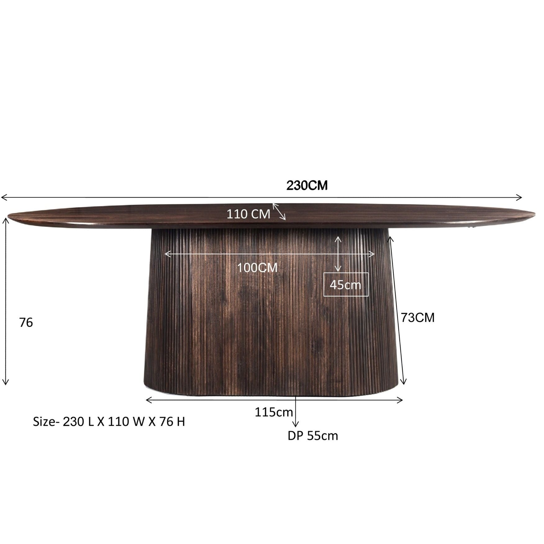 Maatschets van de ovale Salvator eettafel, 230 bij 110 bij 76 cm