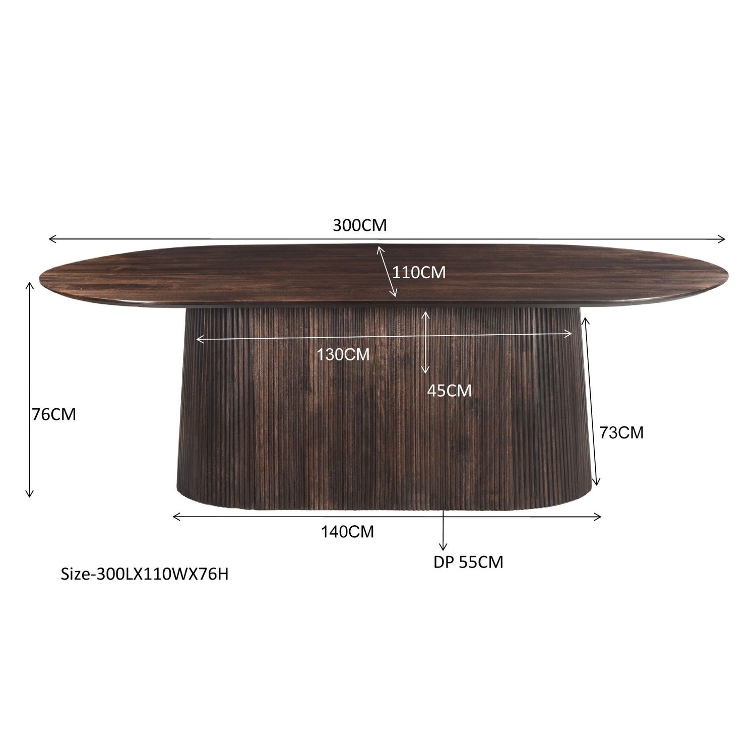 Maatschets van de ovale Salvator eettafel, 300 bij 110 bij 76 cm