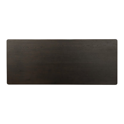 Bovenaanzicht van het donkere eiken tafelblad van de Tobago eettafel in espresso