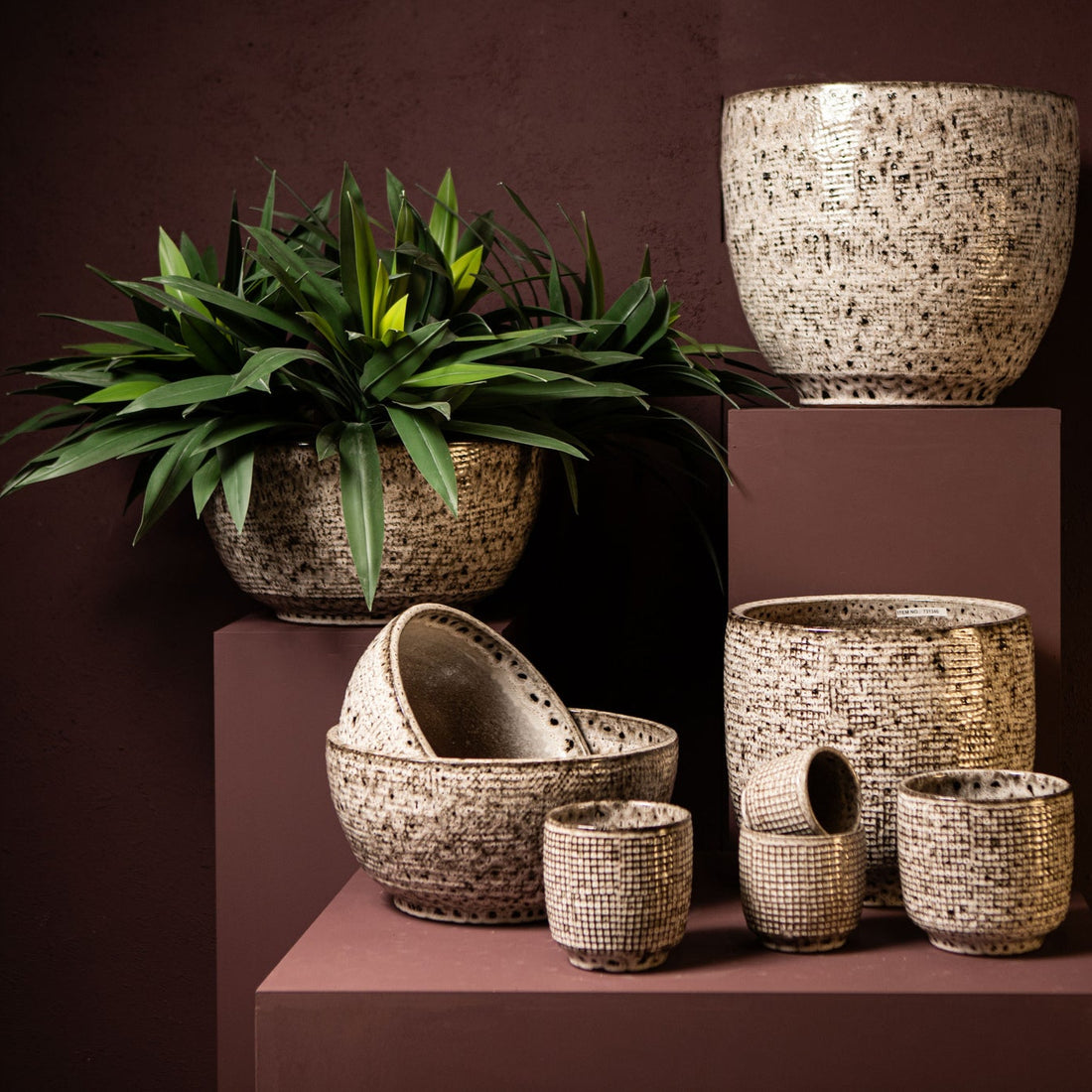 Elana White Round Ceramic Pot With Grey Pattern L dia30xH29cm PTMD - Pot - PTMD - livinglovely.nl
