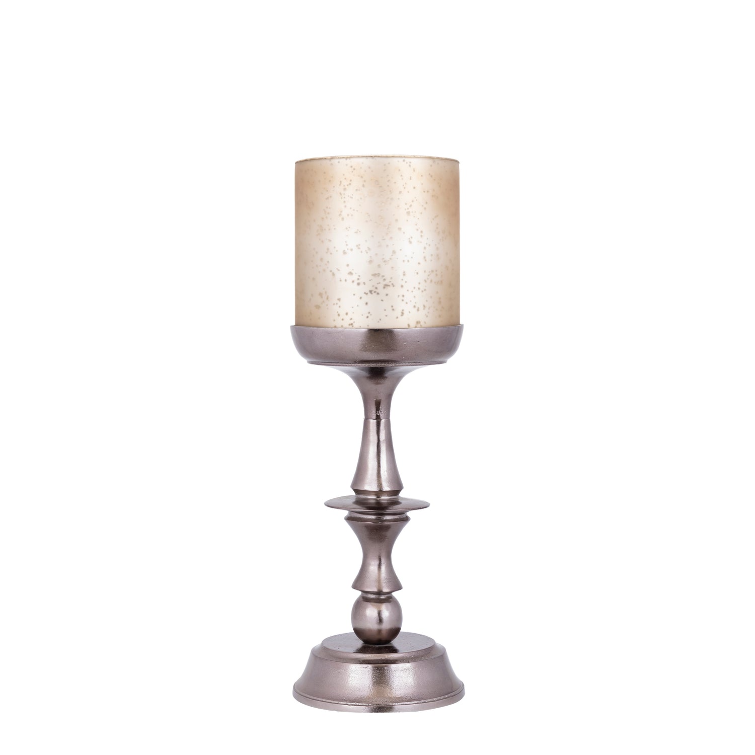 Eliviana Brass Casted Alu Stormlight Beige Glass M van PTMD, messingkleurig windlicht met beige glas op witte achtergrond