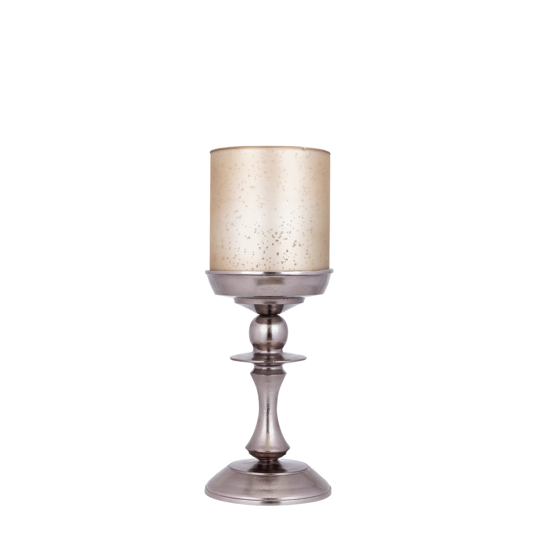Eliviana Brass Casted Alu Stormlight Beige Glass S van PTMD, messingkleurig windlicht met beige glas op witte achtergrond