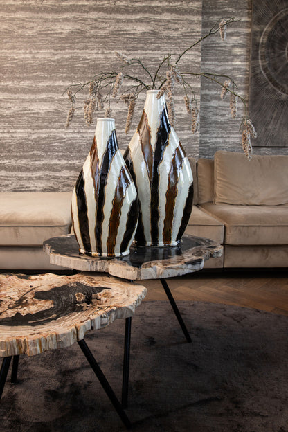 Evelin Dark Brown Oval Ceramic Vase With Lines S 23x15x44.5cm PTMD - Vaas - PTMD - livinglovely.nl