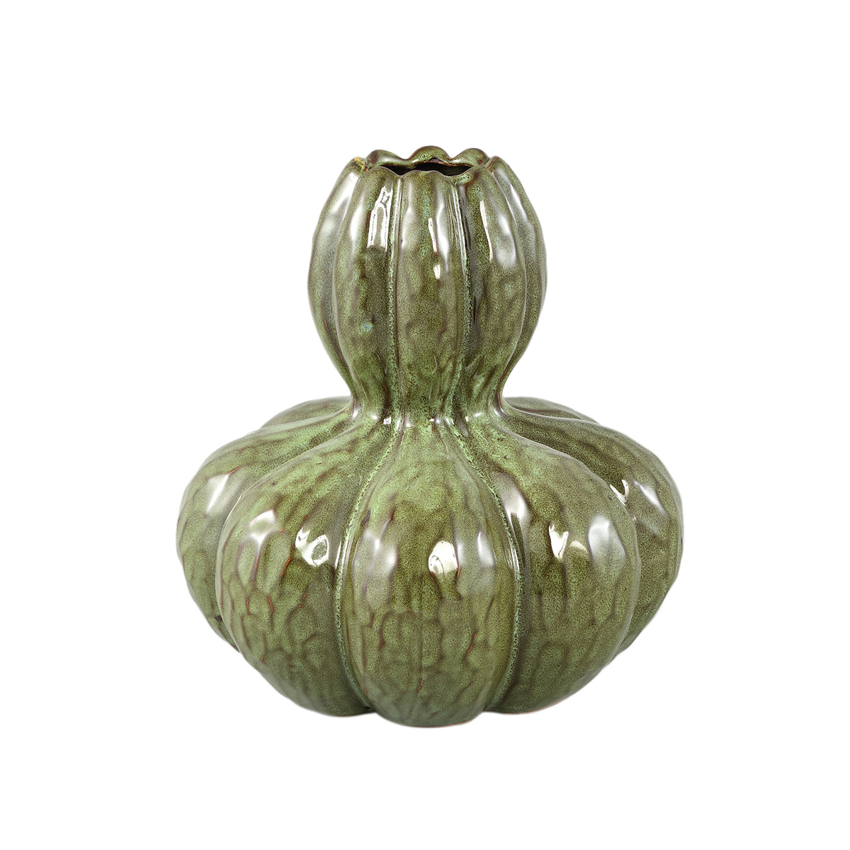 Fardau Green Glazed Ceramic Pumpkin Shaped Vase L van PTMD, groene keramieken pompoenvaas op witte achtergrond