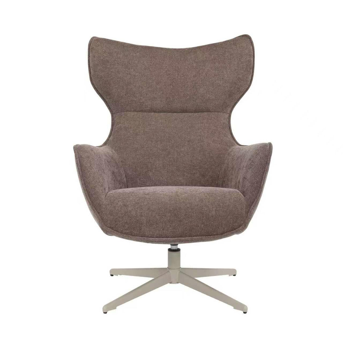 Fauteuil Julia van Starfurn in bruine stof, vooraanzicht met hoge rugleuning en metalen poot