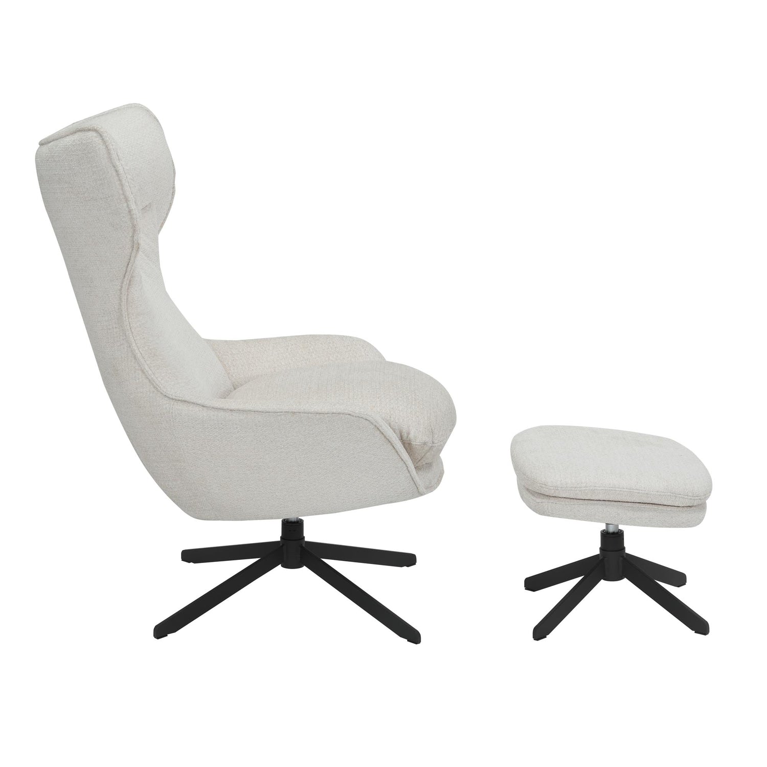 Fauteuil Olivia van Starfurn met detail van de zwarte metalen draaivoet onder de zitting