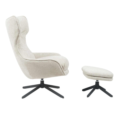 Fauteuil Olivia van Starfurn van achteren gezien, met de ronde rug in taupe bekleding