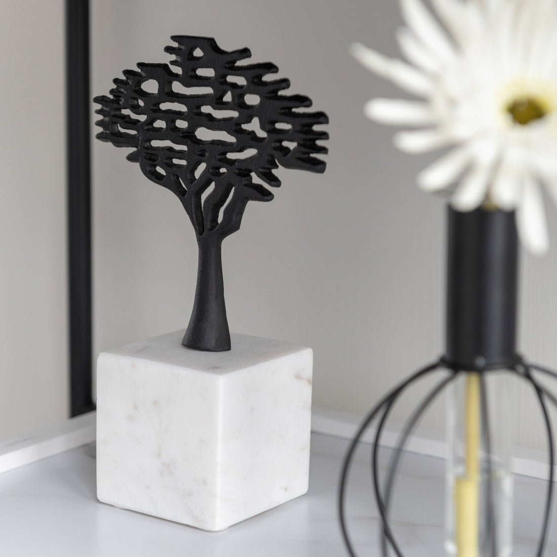 Figuur Boom Op Voet Aluminium/Marmer Zwart/Wit Set van 3 - Beeld - J-Line - livinglovely.nl