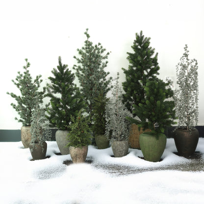 Florine Kerstboom LED Met Sneeuw Large van PTMD, groep besneeuwde kerstboompjes in potten in een winterse setting