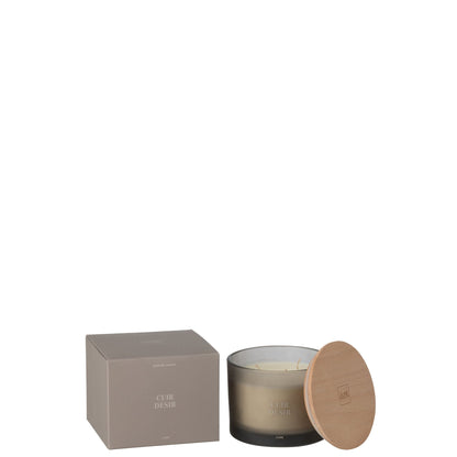 Geurkaars Accords Essentiels Cuir Désir 28 Uur van J-Line, bruine glazen pot met houten deksel naast de geschenkdoos
