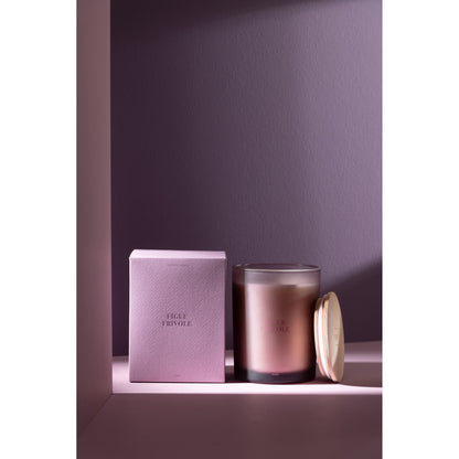 Geurkaars Accords Essentiels Figue Frivole 52 Uur van J-Line gestyled tegen een paarse wand met zacht licht