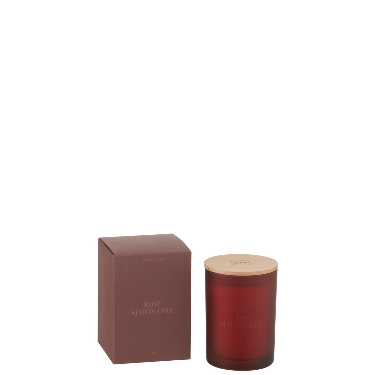 Geurkaars Accords Essentiels Rose Séduisante 38 Uur van J-Line, rode glazen pot met houten deksel naast de geschenkdoos