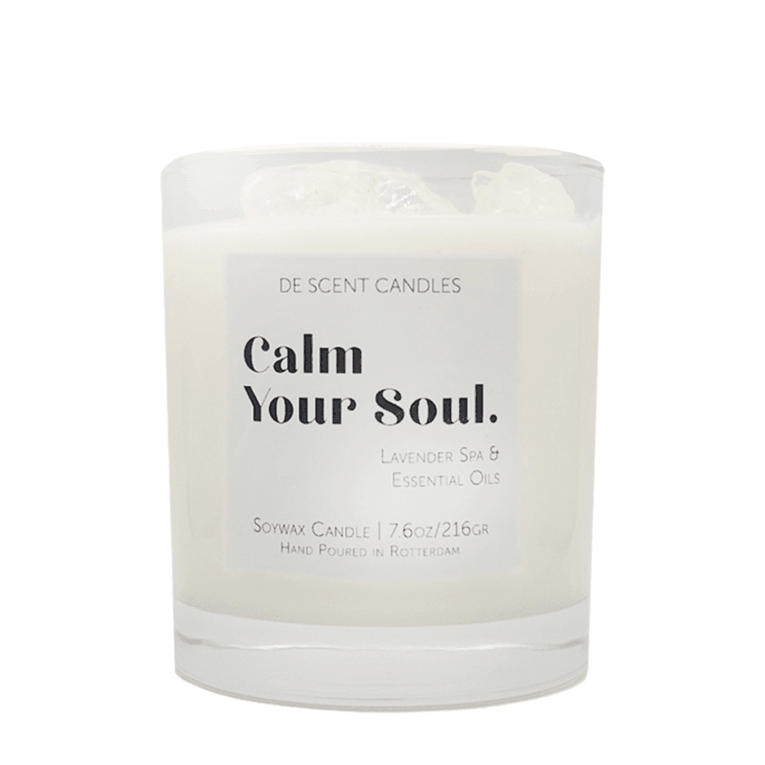 Geurkaars Calm Your Soul met Edelsten Incl Spotify Playlist - Geurkaars - De Scent - livinglovely.nl