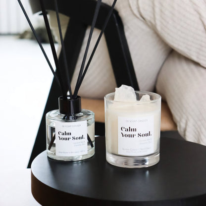 Geurkaars Calm Your Soul met Edelsten Incl Spotify Playlist - Geurkaars - De Scent - livinglovely.nl